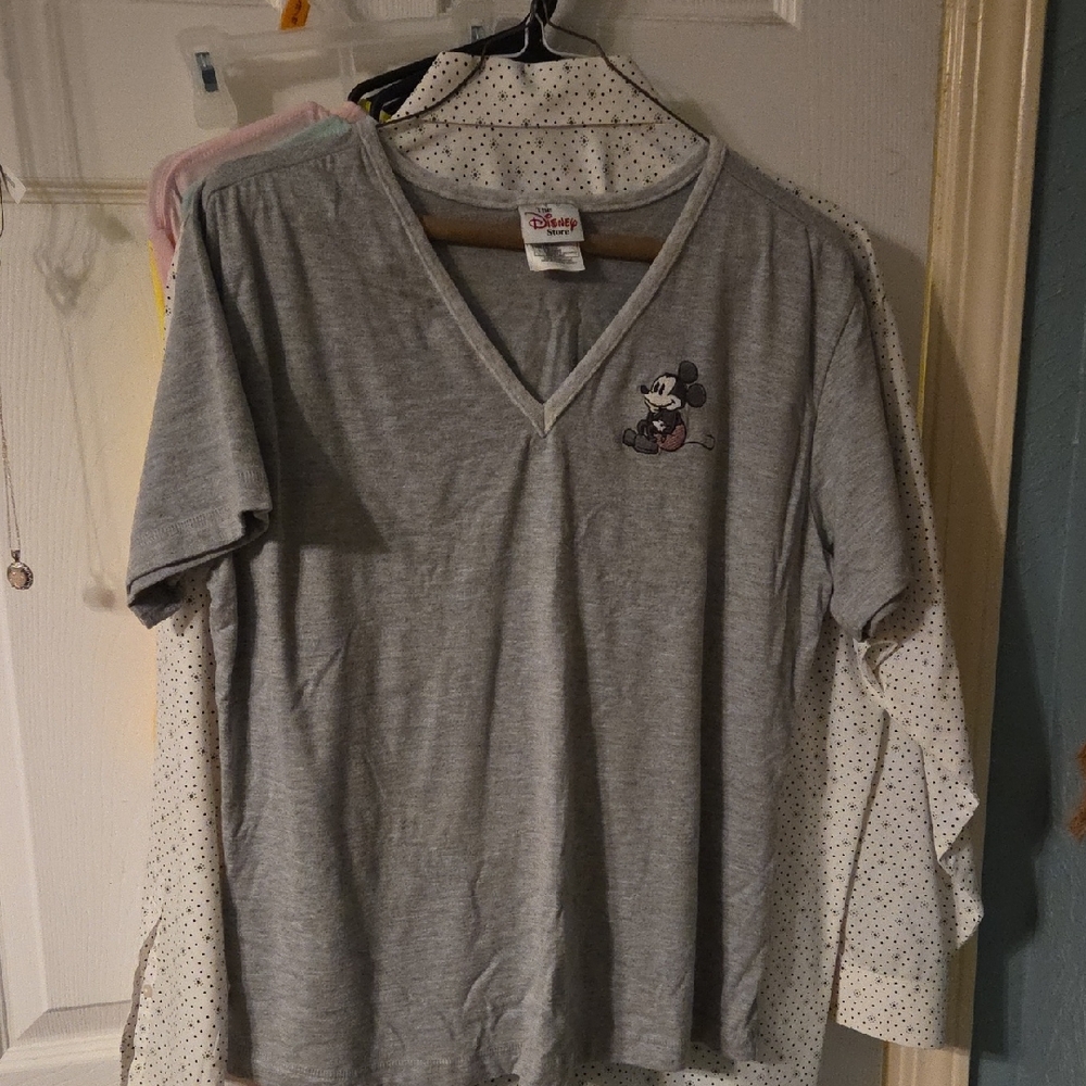 Disney Gray V-Neck Tee with Small Mickey Patch